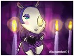 anthro biped blue_eyes blush book candle candlelight clothing duo eyelashes eyeshadow female hair hooves horn light makeup male purple_background purple_clothing purple_hair reading short_hair simple_background sitting snout tan_horn aluxander01 animal_crossing nintendo rhonda_(animal_crossing) arachnid arthropod mammal rhinoceros spider