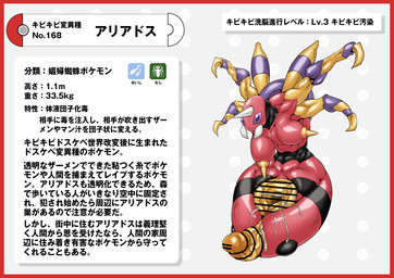 border breasts censor_bar genitals herm intersex nipples penis pokedex pokedex_entry pokedex_number red_body red_border red_skin simple_background text vulva white_background yellow_nipples nikunigushii nintendo pokemon arachnid ariados arthropod generation_2_pokemon pokemon_(species) spider absurd_res censored hi_res japanese_text translation_request