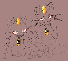 3_fingers 3_toes 4_toes 5_fingers alternate_form animal_genitalia anthro balls bent_arm bent_legs blush blush_lines closed_smile collar collar_only collar_tag cute_fangs dual_persona duo eyebrows eyeliner fangs feet fingers front_view fully_sheathed genitals handpaw hindpaw humanoid_hands iris koban_(coin) larger_male long_tail looking_away makeup male male_anthro mouth_closed multi_nipple navel nipples nude nude_anthro nude_male pawpads paws pupils red_eyeliner sheath simple_background sitting size_difference slim slim_anthro slim_male smaller_male smile snaggle_teeth spread_legs spreading straight_arm tail teeth toes whiskers white_eyes white_sclera bedtime_buck nintendo pokemon generation_1_pokemon meowth pokemon_(species) english_description partially_colored sketch