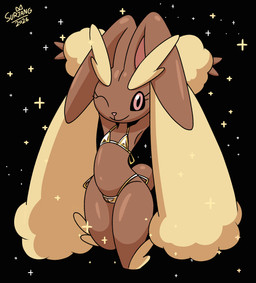 anthro bikini biped black_sclera brown_body camel_toe closed_smile clothed clothed_anthro clothed_female clothing eyelashes female female_anthro flat_chested glistening glistening_body gold_bikini looking_at_viewer mouth_closed one_eye_closed pupils smile smiling_at_viewer solo sparkles swimwear tail two-piece_swimsuit wink year yellow_clothing surjang golden_week nintendo pokemon generation_4_pokemon lagomorph lopunny mammal pokemon_(species) 2026 absurd_res digital_drawing_(artwork) digital_media_(artwork) hi_res signature
