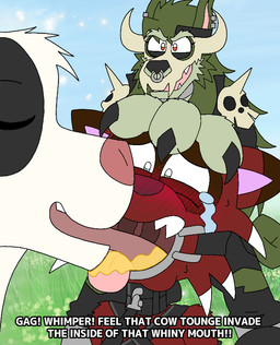 ambiguous_gender anthro armbinder bestiality bestiality_kiss binder_(restraint) blush bodily_fluids bondage_gear collar crying dominant dominant_female fangs female feral food food_fetish forced forced_kiss forced_licking fur gag green_body green_fur grossed_out group head_push heterochromia honey_(food) kissing leash licking licking_mouth licking_tongue male male/ambiguous nervous pink_nose posture_collar red_body red_fur restraints ring_gag submissive submissive_male tail tail_motion tailwag tears teeth tickle_torture tickling tongue torture trio white_body white_fur lillyluvmonster ander_(feistyu) duvessa_(lillyluvmonster) bovid bovine cattle hybrid mammal skulldog_(species) animated