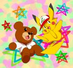 abstract_background clothing cute_fangs duo fangs hat headgear headwear male shirt teeth topwear pasaran eagle_talon nintendo pokemon ashchu doctor_leonardo bear generation_1_pokemon mammal pikachu pokemon_(species) 2013