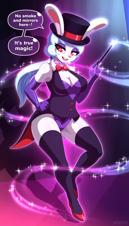 5_fingers anthro armwear bow_tie breasts bunny_costume cleavage clothed clothed_anthro clothed_female clothing costume dialogue elbow_gloves eyebrows eyelashes female female_anthro fingers footwear gloves hair handwear hat headgear headwear legwear long_hair looking_at_viewer magic magician open_mouth red_eyes solo speech_bubble talking_to_viewer text top_hat wand alfa995 penny_tera lagomorph leporid mammal rabbit 2025 digital_media_(artwork) english_text hi_res