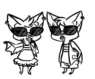 anthro barefoot bat_nose clothed clothing cute_fangs duo ear_piercing eyewear fangs feet female hand_in_pocket lipstick looking_at_viewer makeup male membrane_(anatomy) membranous_wings piercing pockets simple_background standing sunglasses teeth white_background winged_arms wings inkyfrog disney zootopia fan_character bat mammal microbat 2017 6:5 black_and_white monochrome
