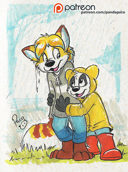 anthro black_body black_fur blonde_hair blue_bottomwear blue_clothing blue_pants boots bottomwear brown_tail cheek_tuft clothed clothing duo facial_tuft footwear fur grass grey_clothing grey_jacket grey_topwear hair jacket logo male markings open_mouth open_smile pants patreon_logo plant red_boots red_clothing red_footwear shoes short_hair smile standing striped_markings striped_tail stripes tail tail_markings text topwear tuft white_body white_fur white_tail yellow_body yellow_clothing yellow_fur yellow_jacket_(clothing) yellow_tail yellow_topwear young young_anthro young_male pandapaco patreon parinton bear canid canine giant_panda mammal artist_logo signature url