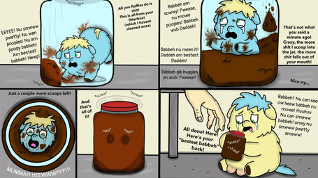abuse ambiguous_gender ambiguous_human animal_abuse blonde_hair blue_body blue_fur blue_hair bodily_fluids container covered_in_feces crotch_breasts crying dialogue feces female female_feral feral fur green_eyes hair holding_object jar light_body light_skin looking_up_at_another mostly_offscreen_character narrowed_eyes open_mouth profanity screaming sitting suffering tail tears text torture trapped trapped_in_jar yellow_body yellow_fur yellow_tail young young_ambiguous young_feral roadkill_(fc) fluffy_pony fluffy_pony_(species) human mammal 16:9 2025 broken_language comic digital_drawing_(artwork) digital_media_(artwork) english_text hi_res widescreen