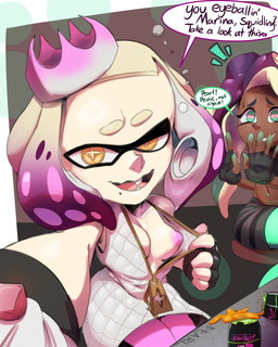 breasts clothing crown dark_body dark_skin dialogue drunk duo fangs female fingerless_gloves flashing gloves green_eyes handwear headgear looking_at_viewer markings mask mole_(marking) navel nipples pseudo_hair sitting smile substance_intoxication suction_cup teeth tentacle_hair tentacles text yellow_eyes thehumancopier nintendo splatoon marina_(splatoon) off_the_hook_(splatoon) pearl_(splatoon) animal_humanoid aquatic aquatic_humanoid cephalopod cephalopod_humanoid humanoid inkling mollusk mollusk_humanoid octarian octoling 4:5 english_text hi_res