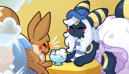 ambiguous_gender beverage blue_clothing blue_hat blue_headwear blush clean_diaper clothed clothing date diaper diaper_only drinking_straw duo eyes_closed fart feces feral hair hat headgear headwear open_mouth oversized_diaper pattern_clothing pattern_scarf pooping scarf simple_background smile snaggle_tooth soiled soiled_diaper soiling soiling_diaper striped_clothing striped_scarf stripes topless unclean_diaper used_diaper wearing_diaper white_hair yellow_background eeveeatheart nintendo pokemon fan_character simone_(eeveeatheart) eevee eeveelution generation_1_pokemon generation_2_pokemon pokemon_(species) umbreon digital_media_(artwork)