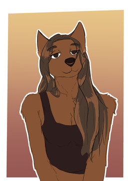 anthro arm_tuft black_nose breasts brown_body brown_fur brown_hair chest_tuft clothed clothed_anthro clothing ears_back facial_piercing female fur gradient_background hair half-closed_eyes long_hair narrowed_eyes nose_piercing nose_ring outline piercing pivoted_ears ring_piercing shoulder_tuft simple_background small_breasts smile solo tuft himynameis canid canine canis mammal wolf 2026 absurd_res colored digital_drawing_(artwork) digital_media_(artwork) hi_res portrait