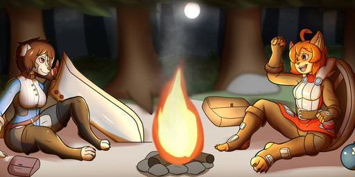 adventurer anthro bonfire duo female melee_weapon shield sword warrior weapon thony_dog dog_knight_rpg maci_(ceehaz) canid canine canis domestic_dog mammal