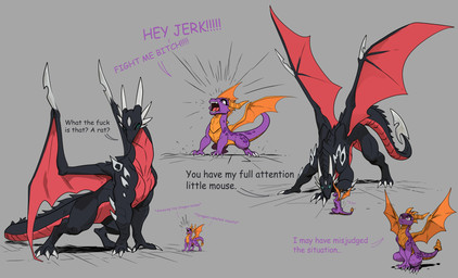 2_horns 8_horns arm_spikes arm_support black_body blade bodily_fluids countershading crossgender crouching dialogue digitigrade dominant dominant_male dorsal_frill duo elbow_spikes extreme_size_difference female feral frill_(anatomy) ftm_crossgender glowing glowing_eyes green_eyes grey_background head_crest head_frill head_markings horn humor insult intimidation kneeling larger_male long_tail male male_dominating_female markings mtf_crossgender multi_horn muscular muscular_feral muscular_male neck_frill opposable_thumbs orange_body orange_countershading orange_wings profanity purple_body purple_eyes purple_scales red_body red_countershading red_wings scales scared shoulder_spikes simple_background size_difference size_shaming smaller_female spikes spikes_(anatomy) spread_wings standing submissive submissive_female sweat sweatdrop tail tail_blade tail_frill talking_feral tapering_tail text ventral_scales weapon_tail white_horn wing_blade wings yellow_horn apollyondragon activision european_mythology mythology spyro_the_dragon corrupt_cynder cynder spyro dragon mythological_creature mythological_scalie scalie western_dragon 2025 english_text hi_res