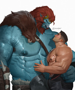 armpit_hair beard big_muscles bite_mark blood blue_body blush bodily_fluids body_hair clothing duo erection erection_under_clothing eye_contact facial_hair hair happy_trail looking_at_another male male/male muscular muscular_male nipples obliques pecs red_hair size_difference sweat tenting tusks vein veiny_muscles suck-nis league_of_legends riot_games tencent darius_(lol) trundle_(lol) human humanoid mammal troll_(mythology) 5:6 absurd_res hi_res