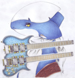 double-neck_guitar electric_guitar guitar musical_instrument plucked_string_instrument simple_background solo string_instrument white_background yellow_eyes caleb_magness sapphire_stone matile metallic_pangdillo pangdillo scalie hi_res