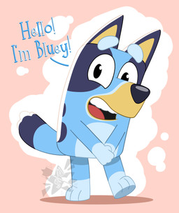anthro blue_body blue_fur blue_nose blue_text clasped_hands dialogue dipstick_tail eyebrows female fur gloves_(marking) leg_markings looking_at_viewer markings on_model open_mouth open_smile pink_background raised_eyebrows red_tongue simple_background smile socks_(marking) solo spots standing tail tail_markings talking_to_viewer tan_body tan_fur tan_muzzle teeth text tongue white_background young young_anthro young_female murpheyarts bluey_(series) bluey_heeler australian_cattle_dog canid canine canis cattledog domestic_dog herding_dog mammal pastoral_dog 2022 absurd_res english_text hi_res