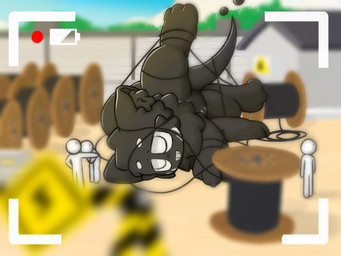 anthro black_body cable camera_view caution_sign entangled eyebrows macro markings slime solo spool white_eyebrows white_eyes white_markings douershi humanoid 4:3 digital_drawing_(artwork) digital_media_(artwork)