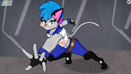 action_pose anthro blue_hair boots clothed clothing eyelashes female footwear futuristic gloves hair handwear pose shoes solo darealantking vicekat felid feline mammal