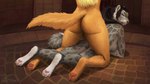 16:9 anthro black_hair blonde_hair blue_eyes breasts brick_floor butt canid canine canis duo fangs felid floor_sex from_behind_position fur grey_body grey_fur gynomorph gynomorph/gynomorph hair helena_sif_(elfox) hi_res intersex intersex/intersex jackal kneeling leopard_spots long_hair looking_back lying mammal on_front on_ground outside pantherine pawpads paws pink_nose pink_pawpads ponytail prone_bone sabertooth_(anatomy) sex side_boob snow_leopard spots teeth whiskers widescreen yellow_body yellow_fur zilla_(airlea) zimabel