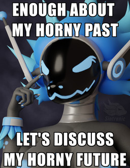 anthro blue_hair blue_spots breasts claws female finger_on_face grey_body hair humor looking_at_viewer machine nipples screen screen_face solo spots text touching_face sintronic syntia armorless_protogen byte_(sintronic) protogen 3d_(artwork) digital_media_(artwork) english_text hi_res impact_(font) meme herm_(lore)