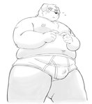 anthro belly big_belly blush bulge clothing kemono male moobs navel nipples overweight overweight_male simple_background solo underwear white_background sv_grart canid canine canis domestic_dog mammal 2023 monochrome