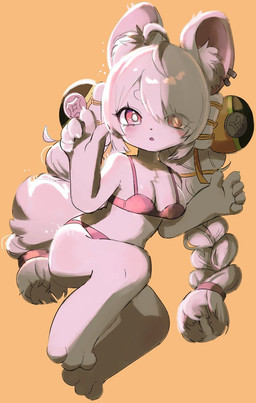 3_toes 5_fingers accessory ahoge anthro barefoot black_nose blush blush_lines bra braided_pigtails breasts circle_eyebrows cleavage clothed clothing ear_piercing ear_ring eyebrows eyelashes feet female fingers fur hair hair_accessory inner_ear_fluff long_hair looking_at_viewer medium_breasts open_mouth orange_background panties piercing pink_body pink_bra pink_clothing pink_eyebrows pink_eyes pink_fur pink_hair pink_inner_ear_fluff pink_panties pink_underwear ring_piercing simple_background solo toes tuft underwear seuppi mihoyo zenless_zone_zero zhao_(zenless_zone_zero) lagomorph leporid mammal rabbit thiren 2026 hi_res