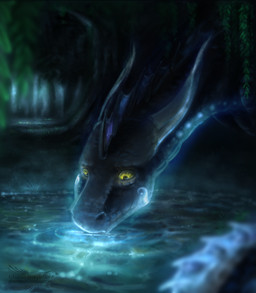 dark detailed_background drinking fantasy feral fog forest frill_(anatomy) fronds glowing glowing_eyes head_crest head_frill horn long_neck plant pond purple_frill solo spines tree water yellow_eyes hydlunn mythology dragon mythological_creature mythological_scalie scalie digital_media_(artwork) digital_painting_(artwork) painting_(artwork)