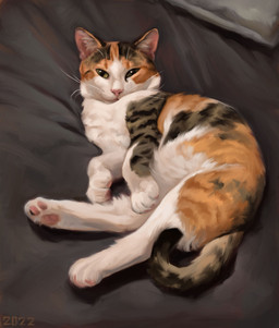 :3 ambiguous_gender bed black_stripes feral fur furniture grey_body grey_fur looking_at_viewer loving_gaze markings multicolored_body multicolored_fur on_bed orange_body orange_fur orange_markings orange_stripes pawpads pink_nose pink_pawpads solo stripes whiskers white_body white_fur yellow_eyes alexpahomov calico_cat domestic_cat felid feline felis mammal 2022 draw_over hi_res