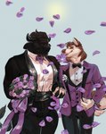 anthro black_body black_bow_tie black_fur black_tie_(suit) bow_tie brown_body brown_fur brown_nose clothing day digit_ring duo eyes_closed facial_hair flower fur hand_holding holding_clothing holding_flower holding_jacket holding_object holding_topwear horn husband husband_and_husband jacket jewelry male male/male married_couple multicolored_body multicolored_fur muscular muscular_male outside petals plant purple_bow_tie purple_clothing purple_flower purple_jacket purple_suit purple_topwear purple_vest ring romantic romantic_couple simple_background sky smile suit sun topwear two_tone_body two_tone_fur vest wedding wedding_ring white_body white_fur didihell braford_galloway toklo_(damie) alaskan_malamute bovid bovine canid canine canis cattle domestic_dog mammal nordic_sled_dog spitz 2022 hi_res