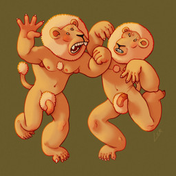 anthro armpit_hair body_hair chest_tuft claws dancing duo feet flaccid foreskin fur genitals hairy humanoid_feet male mane muscular muscular_male pecs penis plantigrade pubes roaring silly silly_face simple_background tuft yellow_body yellow_fur yellow_skin ravuer felid lion mammal pantherine 1:1 hi_res
