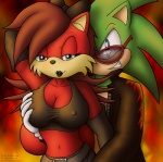 anthro big_breasts blue_eyes breast_grab breasts brown_hair cleavage clothed clothing duo eyewear female green_hair grope hair hand_on_breast male navel nipples shirt sunglasses tank_top topwear knownvortex archie_comics sega sonic_the_hedgehog_(archie) sonic_the_hedgehog_(comics) sonic_the_hedgehog_(series) fiona_fox scourge_the_hedgehog canid canine eulipotyphlan fox hedgehog mammal