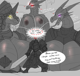 anthro areola armor big_breasts bodily_fluids breasts clothed clothing dialogue female glowing glowing_eyes group headgear helmet holding_object holding_weapon horn huge_breasts hyper hyper_breasts knight lactating looking_at_viewer male melee_weapon nipples non-mammal_breasts non-mammal_nipples size_difference speech_bubble sword text warrior weapon vf-01s mythology dragon human mammal mythological_creature mythological_scalie scalie 2023 digital_drawing_(artwork) digital_media_(artwork) english_text hi_res