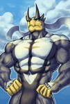 5_fingers abs anthro anthrofied barazoku biceps big_biceps big_muscles big_pecs biped black_body black_eyes black_fur black_markings blue_sky bulge claws cloud cloudy_sky day detailed_background detailed_bulge facial_markings fingers front_view frown fur genital_outline gloves_(marking) grey_body grey_fur hands_on_hips head_markings kemono leg_markings light looking_up male manly markings mouth_closed multicolored_body multicolored_fur muscular muscular_anthro muscular_arms muscular_male muscular_thighs navel outline outside pecs penis_outline pokemorph pseudo_clothing sky snout socks_(marking) solo standing tendrils vein veiny_arms veiny_legs veiny_muscles white_body white_fur white_markings white_outline yellow_body yellow_fingers yellow_snout mixterart nintendo pokemon bear generation_8_pokemon legendary_pokemon mammal pokemon_(species) single_strike_style_urshifu urshifu 2023 colored colored_line_art digital_drawing_(artwork) digital_media_(artwork) hi_res lighting official_art portrait shaded three-quarter_portrait