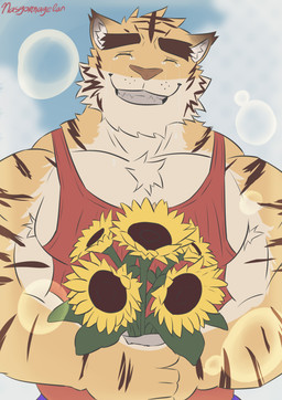 anthro barazoku bodily_fluids brown_body brown_fur brown_stripes countershade_arms countershade_face countershade_torso countershading eyes_closed flower fur male muscular muscular_anthro muscular_male open_mouth open_smile pecs pink_nose plant smile solo striped_body striped_fur stripes sunflower tan_body tan_countershading tan_fur tears text yellow_body yellow_fur nasgormagelan morenatsu torahiko_ooshima felid mammal pantherine tiger 2025 absurd_res artist_name hi_res