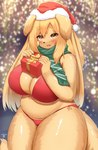 anthro big_breasts bikini blush breasts christmas_clothing christmas_headwear clothed clothing female fur hair hat headgear headwear holidays looking_at_viewer santa_hat smile solo swimwear two-piece_swimsuit horokusa0519 christmas canid canine canis mammal hi_res