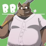 anthro baseball_(sport) baseball_bat bat_(object) brown_body brown_fur fur green_background humanoid_hands kemono male overweight overweight_anthro overweight_male simple_background solo sport green_bell inakamichi canid canine mammal raccoon_dog tanuki 1:1 2020