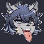 anthro black_background blue_hair blush blush_lines disembodied_head eyebrow_through_hair eyebrows fur grey_body grey_eyes grey_fur grey_hair grey_highlights hair highlights_(coloring) male open_mouth simple_background solo star sticker teeth tongue tongue_out translucent translucent_hair harucat canid canine mammal 1:1 headshot_portrait icon portrait