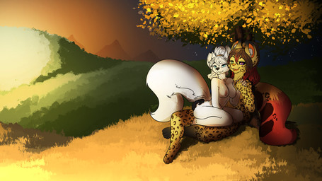 against_natural_surface against_surface against_tree ambiguous_gender anthro black_body black_fur blue_eyes breasts brown_hair butt butt_grab casual_nudity detailed_background duo female female/ambiguous field fur green_eyes hair hand_holding hand_on_butt heterochromia hill landscape leopard_spots light mountain nude on_grass on_ground on_lap outside plant purple_eyes red_body red_fur sitting sitting_on_lap smile spots sunlight sunset tree white_body white_fur white_hair yellow_body yellow_fur feretta sardris_ilvaren arctic_fox canid canine domestic_cat felid feline felis fox mammal true_fox 16:9 digital_media_(artwork) hi_res shaded widescreen female_(lore)