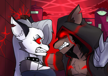 angry anthro black_nose bodily_fluids breasts city clenched_teeth clothed clothed_anthro clothed_female clothed_male clothing collar cracked_wall cracks crop_top duo female fur glowing glowing_eyes glowing_markings grey_body grey_fur grey_hair hair hood jacket male markings multicolored_body multicolored_fur muscular muscular_anthro muscular_male notched_ear outside red_body red_fur red_markings red_sclera scared shirt spiked_collar spikes sweat teeth topwear two_tone_body two_tone_fur wall_(structure) white_body white_eyes white_fur domorri planz34 hellaverse helluva_boss mythology fan_character havok_the_hellscarred loona_(helluva_boss) canid canid_demon canine demon hellhound mammal mythological_canine mythological_creature absurd_res artist_collaboration hi_res story story_in_description