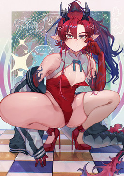blush clothing crossdressing_male crouching femboy floor footwear hair high_heels horn humanoid_pointy_ears jacket leotard looking_at_viewer male pointy_ears ponytail red_clothing red_footwear red_hair red_high_heels red_leotard shoes solo sparkles tail tile tile_floor topwear somagi_92 arknights hypergryph mythology studio_montagne yu_(arknights) animal_humanoid dragon dragon_humanoid humanoid mythological_creature mythological_scalie scalie 2025 absurd_res crossover digital_media_(artwork) hi_res