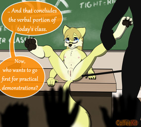 ambiguous_gender anthro anus blonde_hair blue_eyes bodily_fluids butt chalkboard claws clitoris crying curling_toes desk dialogue embarrassed embarrassing_nudity exposed eyewear feet female flat_chested forced fur furniture genitals gesture glasses glint group hair hand_gesture holding_leg holding_leg_up humiliation imminent_rape imminent_sex inside legs_up lesson loli navel nipples nude offering_sex offering_to_another on_display pawpads paws pink_nipples pointer pointing pointing_at_pussy raised_hands school school_desk scratch_mark sex_education speech_bubble spread_legs spreading student table teacher teacher_and_student teaching tears tears_of_embarrassment tears_of_sadness text unprofessional_behavior vulva watery_eyes yellow_body yellow_fur young young_anthro young_female coffeekit polymorph canid canine fox mammal absurd_res colored english_text hi_res shaded