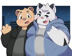 anthro blush brown_body clothing detailed_background duo hoodie kemono male night outside overweight overweight_male pink_nose shirt topwear kusosensei inigo_(kusosensei) bear felid mammal 2023 hi_res