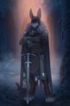 anthro armor belt bnuuy cape castle chainmail church claws clothed clothing dagger detailed_background dust fantasy fluffy fog fur glass guard hair jewelry king kneeguard knife knight leg-guard light mail maille male melee_weapon necklace olde pillar plate royalty ruins solo stained tabard text warrior wax-stamp weapon window zweihander lowereth osiris_(ayosiris) hare lagomorph leporid mammal rabbit absurd_res digital_media_(artwork) hi_res