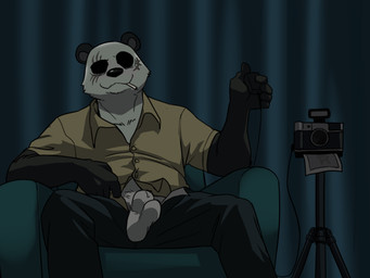 anthro balls black_body black_fur black_nose bottomwear camera clothing fur genitals humanoid_hands male pants penis shirt sitting smoking solo topwear white_body white_fur eclipticafusion beastars gouhin_(beastars) bear giant_panda mammal 2020 4:3