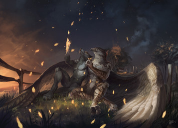 anthro beak digitigrade duo feathered_wings feathers feet flower hand_on_shoulder hindpaw magic male nude outside pawpads paws plant sitting sunset wings alectorfencer mythology avian canid canine canis felid gryphon mammal mythological_avian mythological_creature pantherine tiger wolf