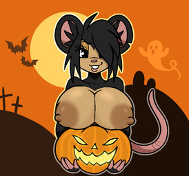 anthro big_breasts black_body black_fur breasts buckteeth female food fruit fur half-closed_eyes holidays jack-o'-lantern narrowed_eyes nipples notched_ear plant pumpkin rat_tail smile smirk solo tail teeth buckeyemouse halloween bat ghost mammal mouse murid murine rodent spirit