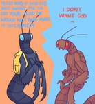 ambiguous_gender antennae_(anatomy) apode backpack blue_body blue_eyes brown_body duo legless looking_at_viewer mandibles mantis_arms red_eyes serpentine simple_background split_form text beanysprout space_station_13 arthropod draconcopode giant_armored_serpentid insect lamia mantis reptile scalie snake 2021 digital_media_(artwork) english_text shaded simple_shading