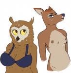 anthro bra breast_size_difference breasts brown_body brown_feathers brown_fur cleavage clothed clothing duo feathers female fur looking_at_viewer nipples non-mammal_breasts nude simple_background small_breasts underwear white_background yellow_eyes rainbowsprinklesart bojack_horseman netflix charlotte_moore wanda_pierce avian bird deer mammal owl