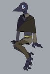 anthro barefoot beak belt biped blue_eyes brown_clothing clothing eyelashes feet grey_background grey_body male medieval_clothing rope rope_belt simple_background sitting solo talons toes clawheld cianan avian bird corvid jackdaw oscine passerine digital_media_(artwork) hi_res