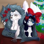 accessory angry anthro arm_support black_nose blue_hair blue_nose boa_(clothing) boa_only bow_(feature) bow_accessory bow_boa bow_ribbon breasts brown_eyes choker christmas_tree decoration duo female fluffy fluffy_tail frown fur fur_boa furgonomics hair hair_accessory hair_bow hair_ribbon happy holidays horn humor inside jewelry long_hair looking_at_viewer lying naturally_censored necklace nude on_front on_ground open_mouth ornament plant purple_eyes ribbons short_hair smile spots tail tail_accessory tail_bow tail_on_shoulder tail_ribbon tree white_hair shariea christmas kacifox kaci shariea_(character) canid canine fox mammal 1:1 2012 signature