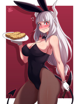 5_fingers bangs big_breasts blunt_bangs blush breasts bunny_costume clothing costume eyebrow_through_hair eyebrows female fingers food gloves hair handwear holding_food holding_object horn knife long_hair looking_at_viewer markings mole_(marking) nipple_outline not_furry pancake plate shirt_collar solo spade_tail tail translucent translucent_hair white_hair white_horn jmg helltaker lucifer_(helltaker) demon horned_humanoid humanoid mammal absurd_res hi_res