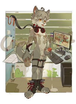 adolescent anthro balls biped bodily_fluids claws collar computer_keyboard computer_monitor computer_mouse countershade_face countershade_fur countershading cum cumshot ejaculation electronics erection fur genital_fluids genitals grey_body grey_fur grey_hair hair headphones headphones_around_neck holding_object holding_sex_toy humanoid_genitalia humanoid_penis inner_ear_fluff kemono leash leashed_collar male male_anthro masturbation paws penetrable_sex_toy penile penile_masturbation penis sex_toy shota solo tail tongue tongue_out tuft young young_anthro young_male rrquem canid canine mammal distracting_watermark hi_res watermark